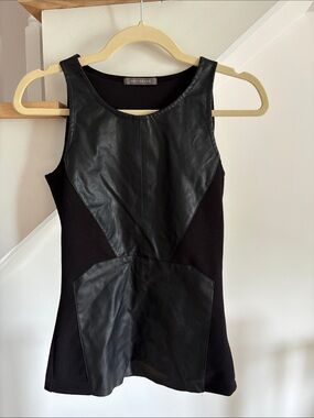 Black Faux Leather Paneled Sleeveless Peplum Top